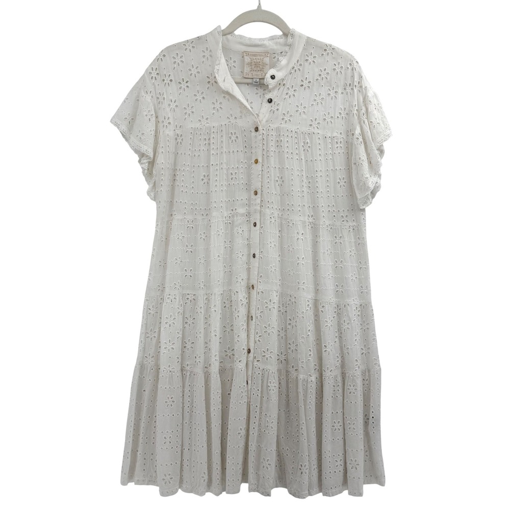 Johnny Was Jade White Eyelet Tiered Dress Small Silk‎ European Summer